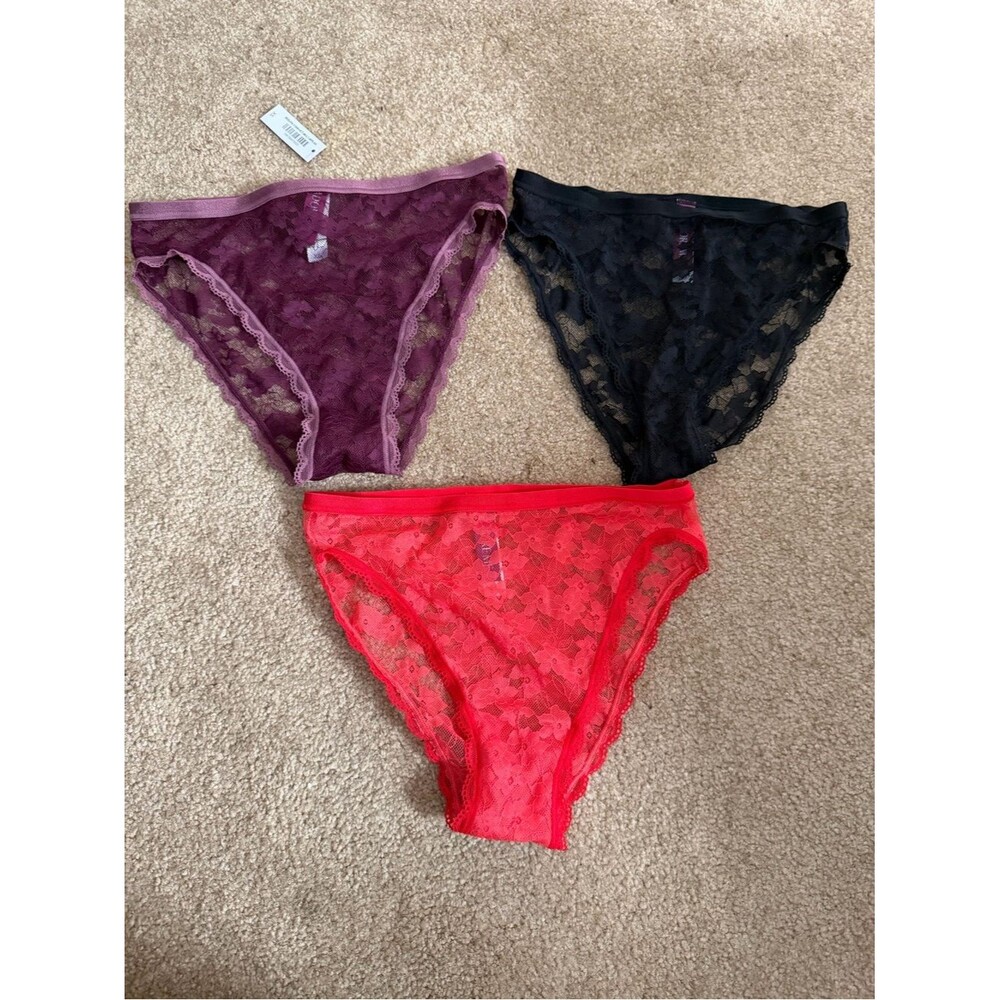 Adore Me High Rise Lace Bikini Panty Trio - Red, Black, Purple